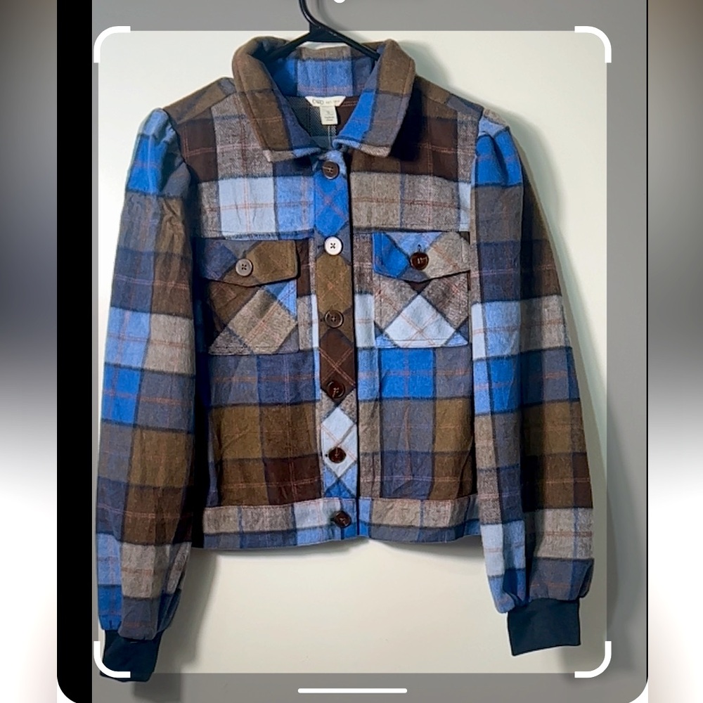 CATO FLEECY POLYESTER PLAID CROPPED FLAP POCKETS BUTTONS UP SIZE SMALL